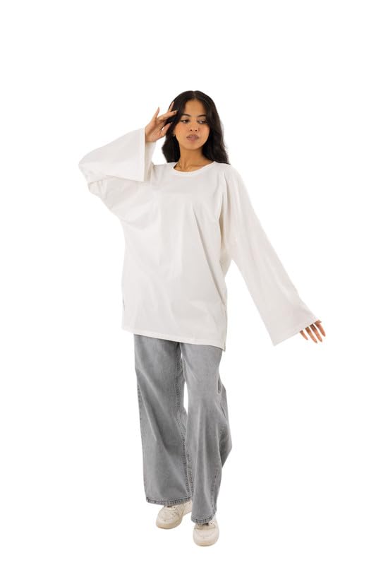 Version 1.0.0 تيشرت بيسيك واسع بأكمام طويلة من القطن للنساء من موسكا