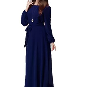 فستان طويل للنساء بلون كحلي من الشيفون مع بطانة وحزام