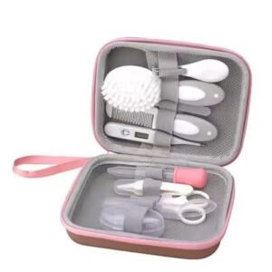 مجموعة العناية الكاملة للاطفال مكونة من 10 قطع مع شنطة سفر بلون زهري، مجموعة العناية الكاملة مع قصافة اظافر ومقص وفرش وادوات اساسية