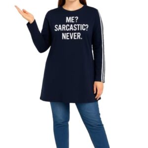 تيشرت للنساء بأكمام طويلة من القطن الأبيض بتصميم تونيك فضفاض مع خطوط جانبية أنيقة وعبارة ساخرة بطابع فكاهي للإطلالات الكاجوال واليومية من أجيال