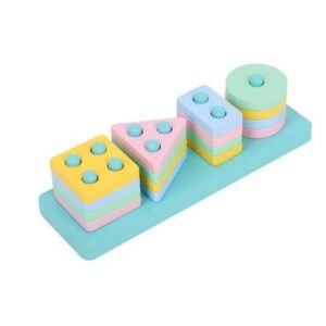 كيدززون احجية خشبية لفرز الاشكال للاطفال الصغار | لعبة مونتيسوري الهندسية التكديس مع مكعبات ملونة | لعبة تعليمية لتعلم المهارات الحركية الدقيقة للاطفال (4 اشكال و4 الوان) (النمط 2)