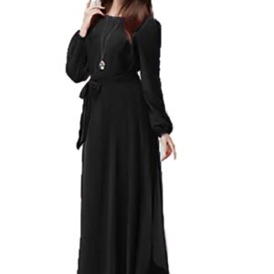 فستان طويل شيفون للنساء بلون اسود مع بطانة وحزام