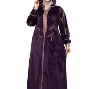 عباية شتوي قطيفة هايدي فاخرة للمحجبات – تطريز أنيق بكم واسع وغطاء رأس – خامة معالجة ضد الانكماش – مقاسات كبيرة من 65 حتى 120 كيلو