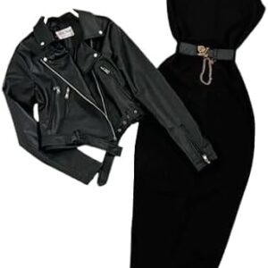 درس حريمي قطعتين جاكت جلد وبيزك – خامة إسكوبه في جلد – مقاس وان سايز حتى 75 ك – ستايل عصري أنيق