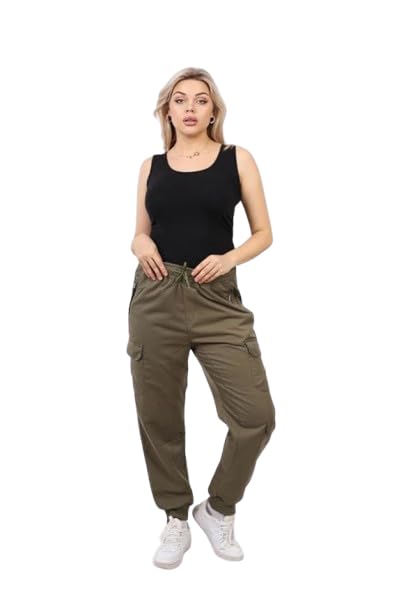 31uaKhF5TwL بنطلون رياضي كارجو برباط عند الخصر وجيوب - بيج