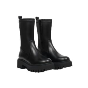 بوت طول الكاحل بكعب متوسط مريح من الجلد E-107 - اسود