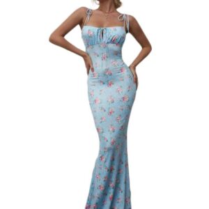 فستان مطبوع بزهور مع ذيل السمكة، بتصميم ربطة الكتف، للنساء، بدون أكمام، مع حزام قابل للتعديل، مقاس قياسي