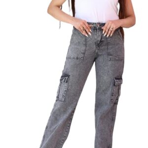 بنطلون جينز كارجو للنساء، رمادي