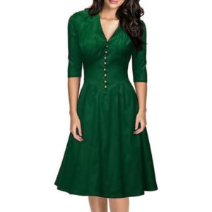 فستان قطيفة مع زر أمامي، لون أخضر زيتوني نساء