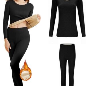 طقم ملابس داخلية حرارية طويلة ناعمة للنساء، مع طبقة أساسية مبطنة بالصوف بأكمام طويلة مكون من بلوزة وسروال، طقم شتوي للطقس البارد من إكس كيموس
