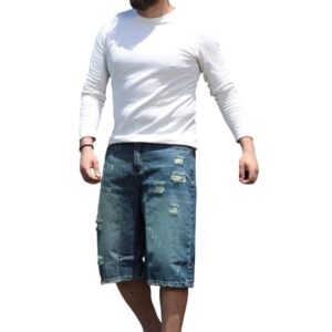 شورت جينز بأرجل واسعة للرجال، لون أزرق زيتي