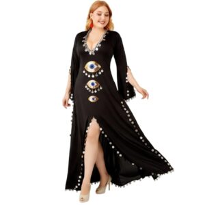 فستان جلابية عين من جازيل، قماش مطاطي مع زخرفة عين ترتر وفتحة جانبية، ملابس منزلية للحفلات للنساء، تصميم انيق للمناسبات والاسترخاء اليومي، اسود