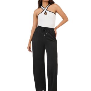 سروال رياضي بلون موحد وأرجل واسعة مع رباط خصر للنساء من ستايلي