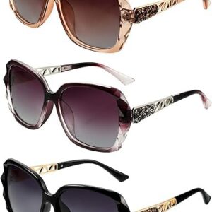 نظارات شمسية مستقطبة كبيرة الحجم للنساء من 3 قطع اطار مركب لامع - احجار الراين الكلاسيكية حماية الاشعة فوق البنفسجية اسود عدسات رمادية