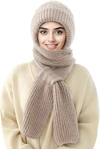 41FU7-UvN0L مجموعة وشاح وقبعة صغيرة شتوية 2 في 1، قبعة سميكة محبوكة مقاومة للرياح مع حماية مدمجة للاذن، وشاح دافئ ومريح للتزلج والتزلج والسفر مقاس واحد، لون الشوفان