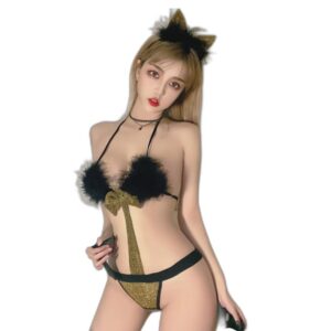 واي ال تي اي ام اي ار طقم ملابس داخلية مثيرة من الفرو للنساء، ملابس نوم للسيدات، زي تنكري للفتيات للملهى الليلي والحفلات الراقصة، شريط راس على شكل اذني ثعلب كيتي مع حمالة صدر وذيل واساور معصم من