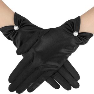 قفازات ساتان قصيرة، قفازات سهرة لؤلؤية بطول المعصم للنساء، قفازات حفلات انيقة بنمط عشرينيات القرن الماضي لحفلات الزفاف والولائم وحفلات الشاي، لون اسود