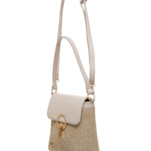 شنطة يد من الجوت بتفاصيل جلدية وحزام قابل للتعديل للنساء من الامكي، مقاس 19 × 18 × 12 سم - بيج وابيض
