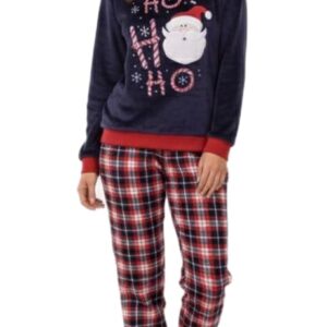 طقم بيجامة كريسماس قطعتين بنطلون كاروهات مع توب بكم برسومات و طباعه ليزر