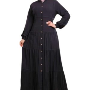 فستان ماكسي أسود للنساء – تصميم بطبقات وزرار أمامي وأكمام بكشكشة GAMAL SONS FOR ABAYA GS-110-31973-Parent