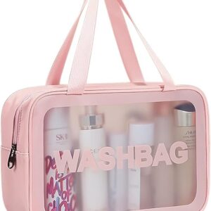 شنطة مستحضرات تجميل للسفر للنساء والرجال شفافة غير لامعة مع مقبض عملي لتنظيم الاكسسوارات وأدوات العناية الشخصية , زهري، بلاستيك بي في سي