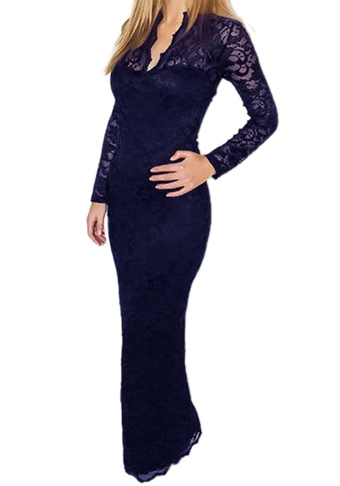 41QALof867L فستان دانتيل طويل، لون كحلي ، للنساء