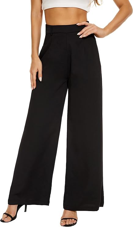41RHYZ4CUPL بنطلون بالازو بقصة واسعة للساق وخصر أستك وربطة فيونكة أنيقة ومريحة للاستخدام اليومي للنساء