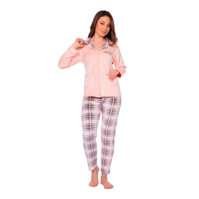 41RVvIwpP7L بيجامة PL2524 للنساء مكونة من بلوزة بأكمام طويلة بأزرار مع بنطلون بنمط هايدي من كوتون زون، (طقم من قطعتين)