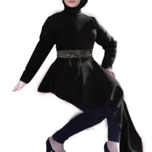 فستان نسائى بحزام جلد من الوسط قصير جانب للنساء أسود