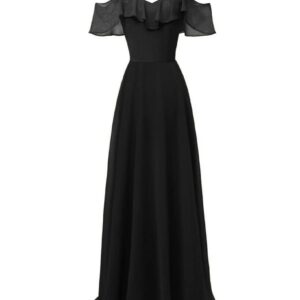 فستان طويل من الشيفون بدون اكمام للنساء وباشرطة كتف مع بطانة - لون اسود