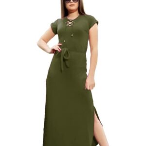 فستان نسائى نص كم بفتحة جانبية لون زيتي