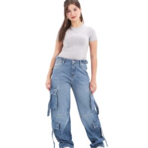 جي بي اس دينيم بنطلون جينز حريمى وايد ليج كارجو ازرق فاتح اللون 1498