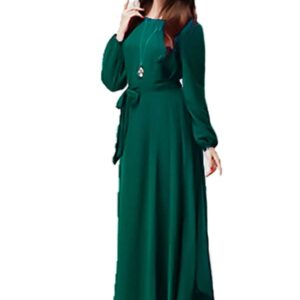 دريس شيفون طويل للنساء بلون اخضر مبطن مع حزام