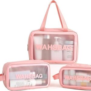 مجموعة شنط أدوات الزينة للسفر مقاومة للماء 3 في 1 - منظم شنطة غسيل للمكياج ومستحضرات التجميل ومستلزمات العناية الشخصية - شنط تخزين محمولة وقابلة للغسل للنساء - مواد مستوردة متينة