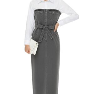 فستان جينز نسائي مصنوع من الدينيم، للنساء، بتصميم مطاطي ومرن، مع حزام من الوسط، باللون الأبيض، مقاس 2