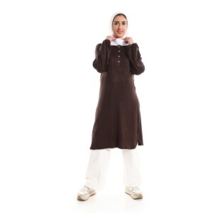 بلوزة طويلة تونيك للنساء بقصة عادية ونمط محبوك مع اكمام باستك من الاسفل من جميلة