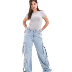 جي بي اس دينيم بنطلون جينز حريمى وايد ليج كارجو ثلجى اللون 1495