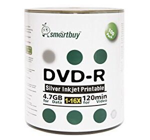 Smart Buy 100 Pack DVD-R 4.7gb 16x Silver Printable Inkjet Blank Record Disc, 100 Disc 100pk