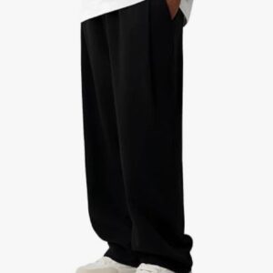 بنطلون كتان رجالي واسع، قياسات كبيرة من ٤٥ إلى ٩٠ كجم، أسود