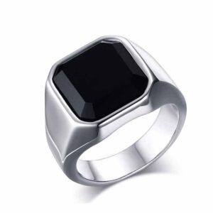 خاتم اونيكس اسود للرجال عقيق مربع من الستانلس ستيل خنصر وابهام انيق للاب والزوج هدية يظهر الحالة مقاس US 6 ازوني