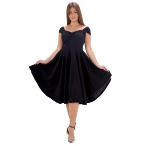 فستان نسائي قصيراسود بكبات وجيبون واسعة