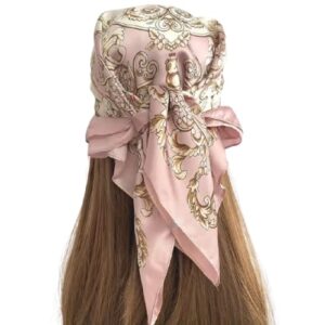 وشاح شعر حريري انيق، بينك مع نمط باروك، تصميم فيونكة مزخرفة