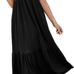 فستان صيفي ماكسي كاجوال للنساء بأكمام قصيرة وقبة على شكل حرف V بدون طوق فضفاض متعدد الطبقات للشاطئ مع جيوب