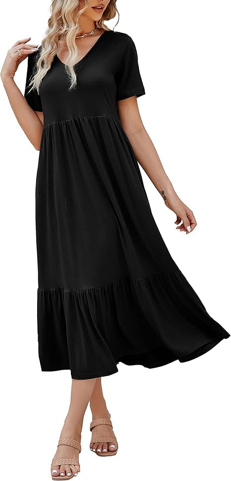 41lIDct66RL فستان صيفي ماكسي كاجوال للنساء بأكمام قصيرة وقبة على شكل حرف V بدون طوق فضفاض متعدد الطبقات للشاطئ مع جيوب