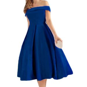 دريس انيق مكشوف الكتفين للنساء بقصة رقبة دائرية واسعة ولون ازرق