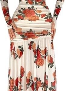 فستان ماكسي مطبوع عليه زهور للنساء، فستان ضيق مكشكش باكمام طويلة، ابيض مع ورود حمراء وبرتقالية