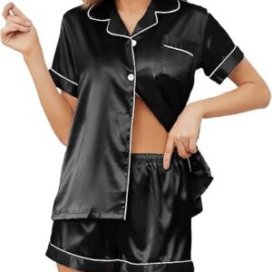 طقم بيجامة ساتان للنساء بأكمام قصيرة وأزرار سفلية وشورت، طقم بيجامة من 2 قطعة