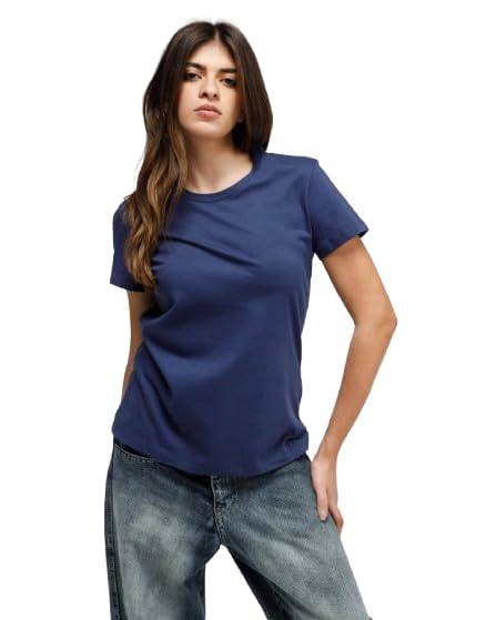 41qzDJ6T37L تي شيرت بقصة عادية ورقبة دائرية ضيقة واكمام قصيرة للنساء من فيذرز، مصنوع من القطن بنسبة 100%.