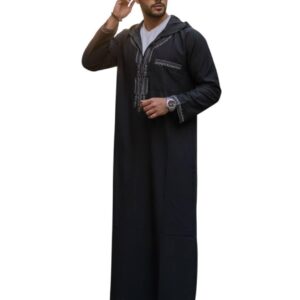 جلابية مغربية رجالية بتطريز وقلنسوة، ثوب طويل بسوستة، عباية رجالية