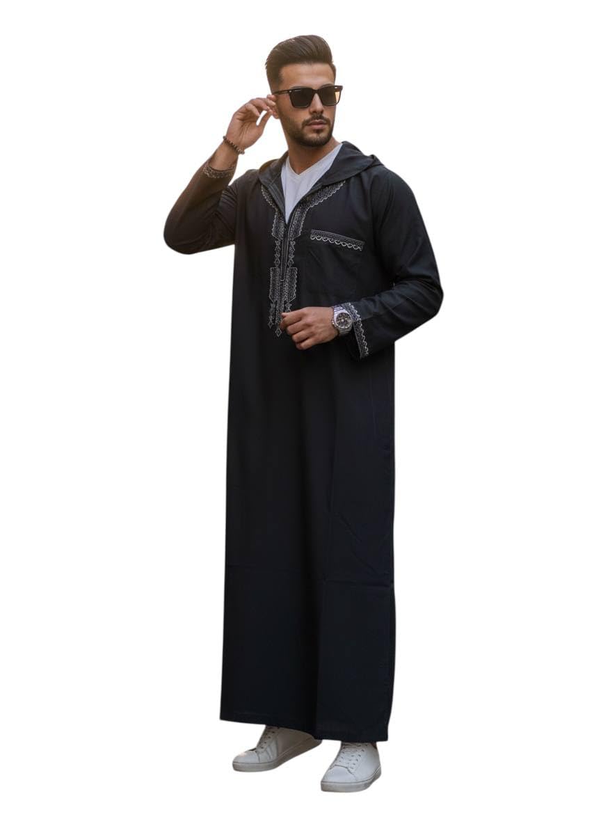 41rt-2El8fL جلابية مغربية رجالية بتطريز وقلنسوة، ثوب طويل بسوستة، عباية رجالية